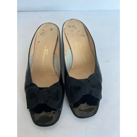 Salvatore Ferragamo Black Patent Leather Bow Open Toe Mule Slide Sandals Sz 7.5B - Picture 4 of 10